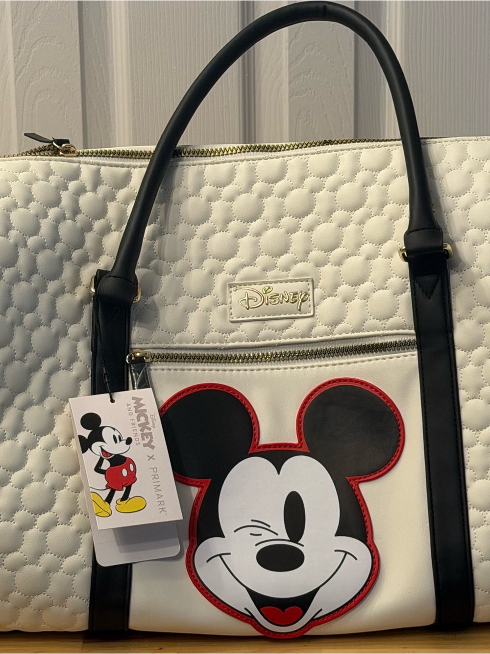 Disney White Quilted Tote with Black Handles and Red Trim Mickey Face